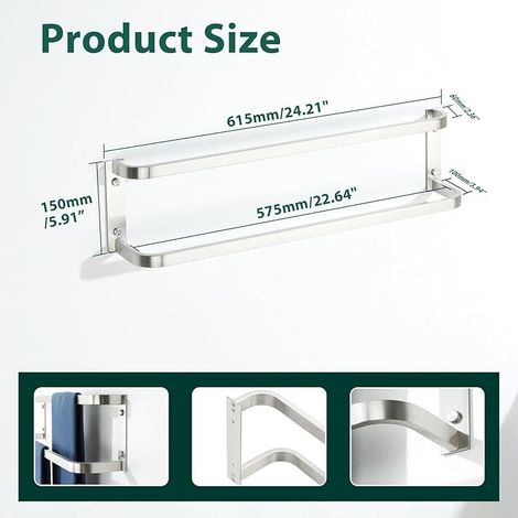 Porte-Serviettes Mural à 2 Niveaux, Barre Porte Serviette Longueur 60 CM, en Acier Inoxydable SUS304 pour Cuisine et Salle de Bain, Finition Brossé (1/4)