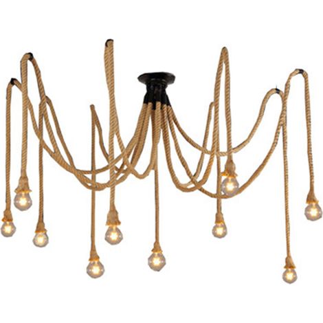 Suspension Luminaire Induistrielle Lampe Vintage Réglable Lampe Lustre,Suspensions en corde de chanvre créatif pour salon,salle de restaurant,bar,café (10 têtes)