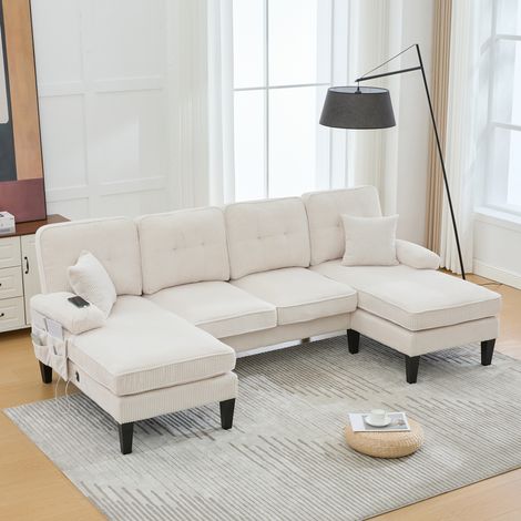 Divano a U 250x130x88 cm beige in lino con 2 chaise longues, tasche laterali e porte USB/Type-C (1/5)