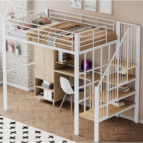 Hochbett 140x200 cm Weiß aus Metall und Holz mit Treppe und Stauraum (1/5)