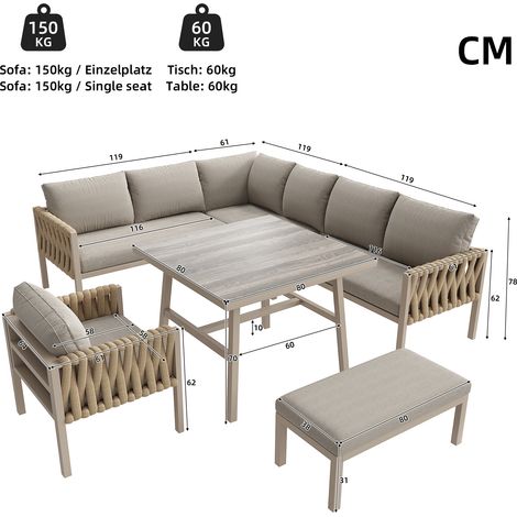 Set de meubles de jardin avec cadre fer galvanisé, pieds ajustables, canapé d’angle, plateau table verre durci, inclut tous coussins sièges et dos, couleur beige. (1/5)