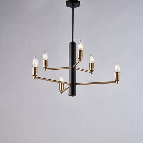 Isak Suspension En Fer Laqué Noir Finitions Laiton Bruni Brossé 6 Lumières H.66 D.53 Bl311-6-Nr