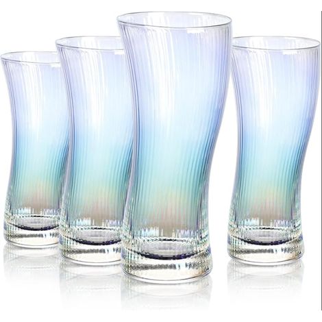 Water Glasses, Iridescent Glass Drinking Glasses, Colourful Ribbed Cups for Cocktails, Mixed Drinks, Beer, Soda, Outdoor Juice Highball Set, Dishwasher Safe (1/5)
