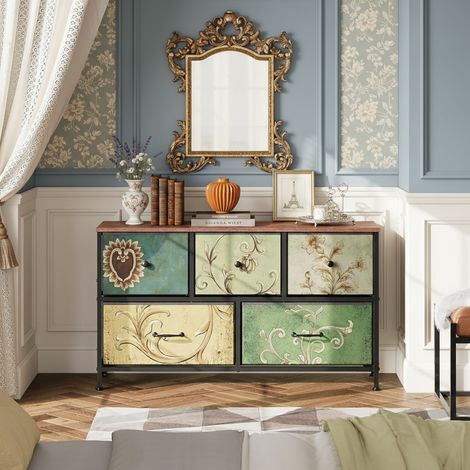 Commode à 5 tiroirs - tiroirs en tissu - Pieds réglables à 360° - Panneaux à motif bois - Structure en fer - bohème - L100 x H55 cm - Multicouleur (1/5)