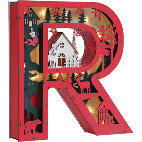Lettre décorative lumineuse en bois R style Noël décoration intérieure artisanale éclairage LED nécessite 2 piles AA (1/5)