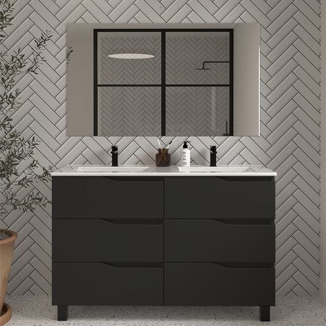Meuble de salle de bain 120cm double vasque - 6 tiroirs - noir - MATA (1/4)