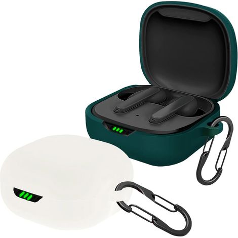 Lot de deux étuis [avec 2 fermetures à pression], étuis en silicone liquide, ultra-fins et antichoc, pour écouteurs Bluetooth — blanc et vert foncé (1/5)
