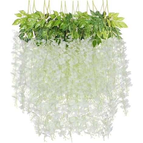 QAZQA 12 lot Fleurs Artificielle Glycine Fausses Fleur Plante Suspendues Vigne Wisteria Blanc Fleur Deco Fleur de Simulation pour Mariage Maison Jardin Fête Décoration