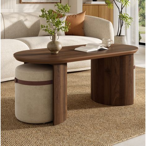 Mesa de centro ovalada con 2 taburetes tapizados de 108x50x44 cm, ahorra espacio, MDF y pino acabado nogal (1/5)