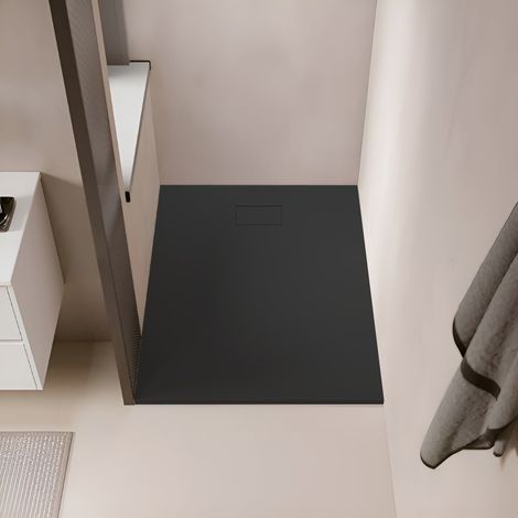 Stano. – Receveur de douche 80 x 80 cm extra plat noir – SoliCast® antidérapant PN24 – Installation à poser ou encastrer – Cache-bonde inclus