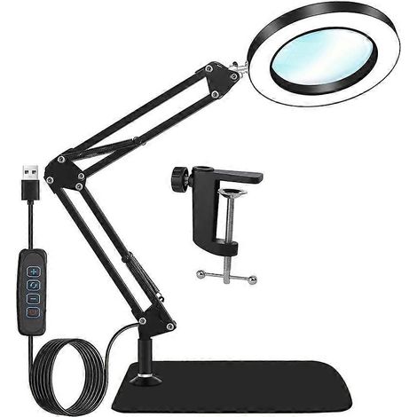 Loupe grossissante 10x avec éclairage et support, lampe de bureau 2 en 1 à bras articulé et pince, avec variateur et pince, loupe de bureau LED