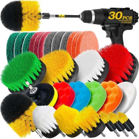 Set mit 30 Bohrmaschinen-Reinigungsbürsten, Scheuerpads und Schwämmen, elektrische Reinigungsbürste mit Verlängerungsaufsatz (1/5)