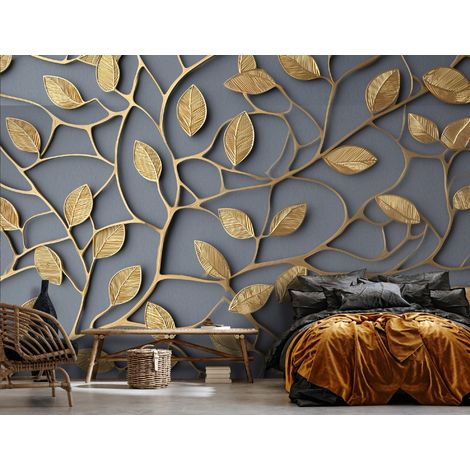 Fototapete Blätter Gold Abstrakt, für Wohnzimmer und Schlafzimmer, 300 x 210 cm – Komplettset inkl. Kleister & Anleitung (1/5)