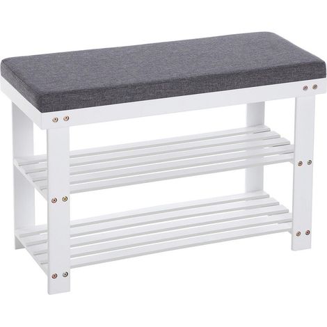 Banc à chaussures organisé entrée salon 71 x 29 x 49 cm stable charge 150 kg en bambou blanc (1/3)