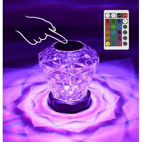 Lampe de bureau en cristal, lampe décorative, 16 couleurs, 4 modes, lampe en cristal rose avec commande tactile et télécommande, lampe de chevet LED à intensité variable rechargeable par USB