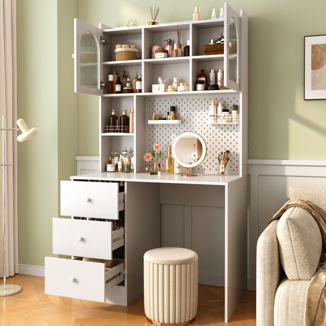 Escritorio Recto con Vitrina, Panel Organizador y 3 Cajones, para Despacho y Dormitorio, MDF Blanco, 100×55×180 cm (1/5)