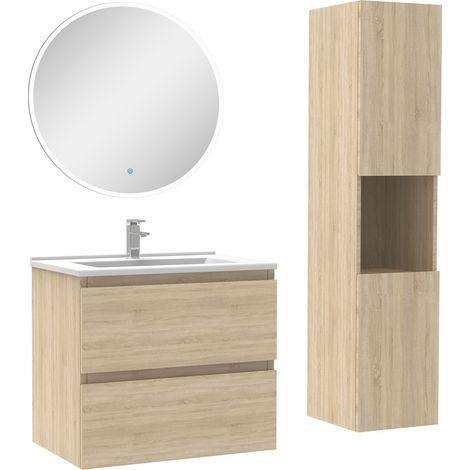 Ensemble meubles simple vasque 60cm,colonne + miroir rond lumineux Chêne Wotan