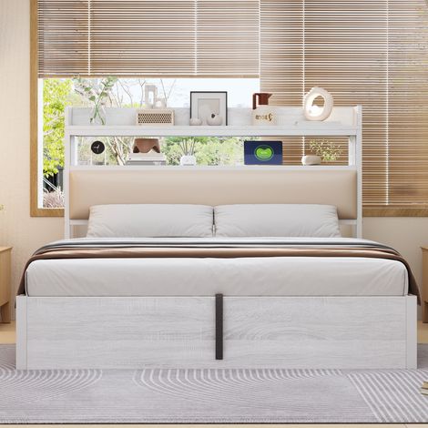 Lit Rétro avec Rangement Hydraulique 180x200cm - Tête de Lit Rembourrée & USB - Pour Chambre - Blanc (1/5)