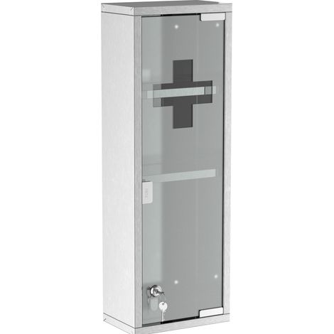 Armoire à pharmacie murale verrouillable en acier inoxydable avec porte en verre dépoli, 2 clés, 2 étagères et croix de secours, argent  CHICFURN (1/5)