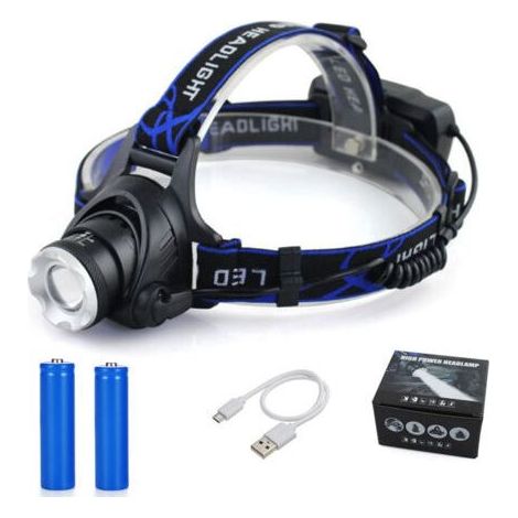 Lampe frontale/torche LED rechargeable NPTERBL, 10 000 lm, 3 modes d'éclairage, câble USB, 2 batteries 18650 et voyant lumineux pour le camping, la pêche et l'escalade. (1/4)