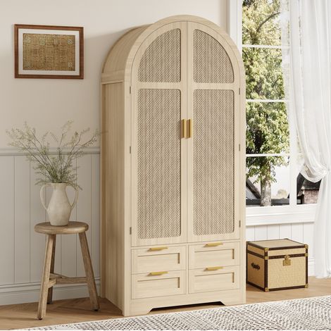 REDOM - Armadio 80x50x179 cm, porte curve, spazio con asta appendiabiti e cassetti, rattan, MDF, rovere (1/5)