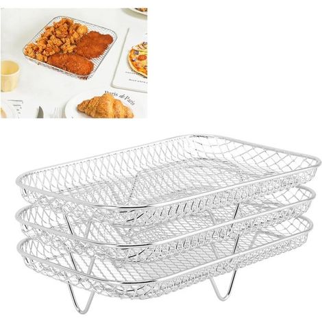 Ensemble de 3 grilles de cuisson, grille pour friteuse à air chaud, grille de déshydratation pour friteuse à air chaud, multicouches, empilables, rectangulaires, en acier inoxydable argenté, 19 x 13 x (1/5)