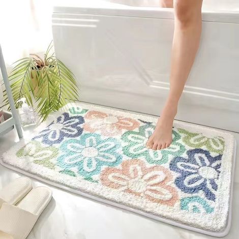 Tapis de bain antidérapant 60 x 90 cm – Paillasson d’entrée absorbant et lavable en fausse fourrure, motif floral élégant pour salle de bains, WC ou entrée-lsw