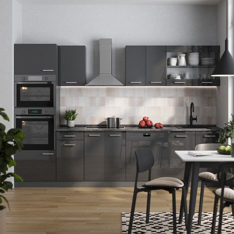 Cucina componibile R-Line, Antracite lucido/antracite, 300 cm con armadio alto, PL Rovere, Vicco