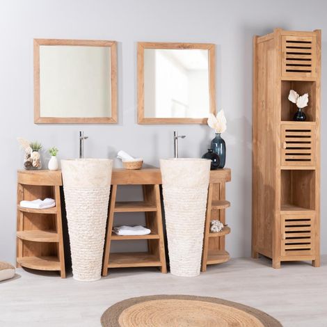 Wanda Collection – Meuble double vasque en teck 180 cm – Vasques en marbre crème – Rangement avec 9 étagères – Conception traditionnelle sur pied (1/5)