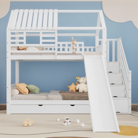 Litera infantil de 90x200 cm con tobogán, cama cabaña, escalera con almacenamiento, cajones, barandilla de seguridad, sin colchón, blanco (1/5)