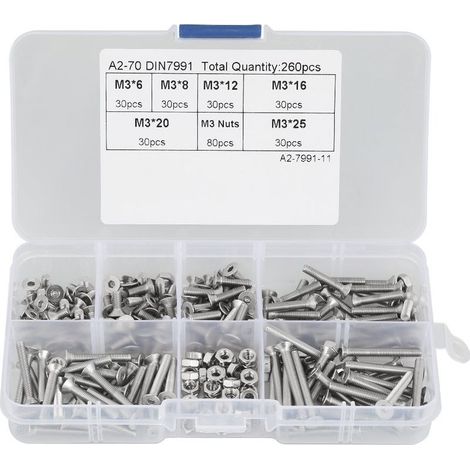 Lot 260 vis et écrous – acier inoxydable 304 – tête plate – six pans creux – M3 – kit boîte (1/5)