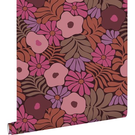 papier peint fleurs dans le style Matisse rose, violet et terracotta - ESTAhome (1/5)