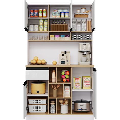Buffet de cuisine blanc laqué avec tiroir, niches ouvertes, étagères réglables et sécurité anti-basculement, 105 x 45 x 185 cm – CHICFURN (1/5)