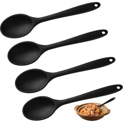 4 cuillères en silicone résistantes à la chaleur, manche ergonomique et bord souple, ustensiles de cuisine antiadhésifs pour mélanger et remuer (1/4)
