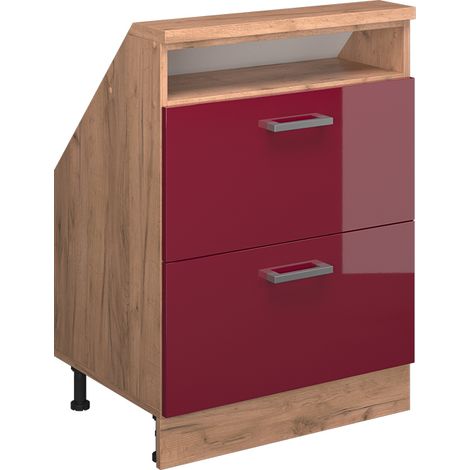Armadio per tetto spiovente Rion, Rosso lucido/rovere dorato, con 2 cassetti, Vicco