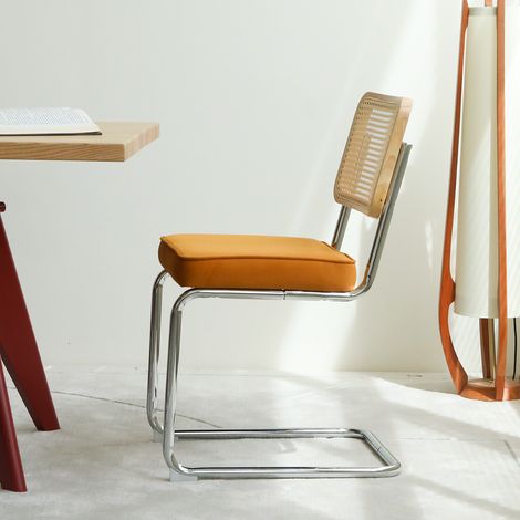 Esszimmerstuhl aus Chrom, handgeflochtener Rattan Rückenlehne, Samtsitz, Orange (1/5)