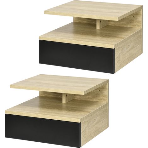 Set aus 2 wandmontierten Nachttischen aus schwarzer Eiche mit Schublade und Nische