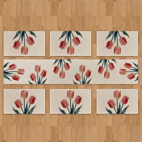 Set da 7 pezzi: 6 tovagliette, 1 runner da tavola, sottobicchieri. Poliestere lavabile. 30 × 50 cm / 33 × 183 cm. Tulipani rossi. (1/5)