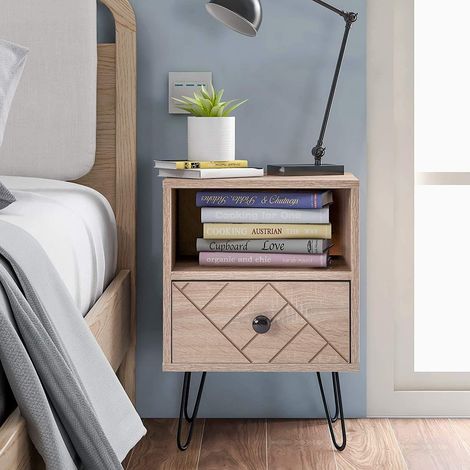 Bedside table, oak bedside table, bedroom furniture with a unique zigzag design (1 drawer) (1/5)