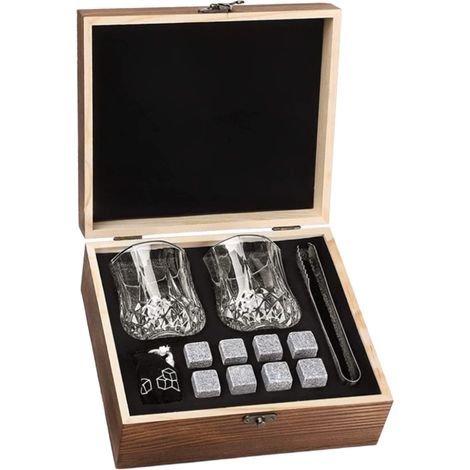 Coffret cadeau en bois avec pierre à vin de glace et double verre à whisky. Coffret à whisky en bois.