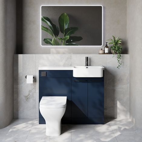 Napoli 250 Deep Blue 1000mm 2 Door Vanity Unit Toilet Suite with Right Hand Round Rico Semi Recessed Basin - 1000mm - Matt Black 160mm HandleWith Kingston Toilet Pan and Seat