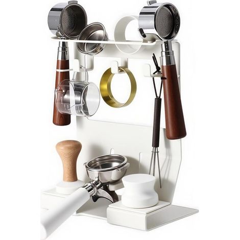 Organizzatore per accessori da caffè, pressino e portafiltro in acciaio per portafiltri da 51-54 mm. Postazione compatta per baristi domestici e in ufficio. Colore bianco. (1/5)