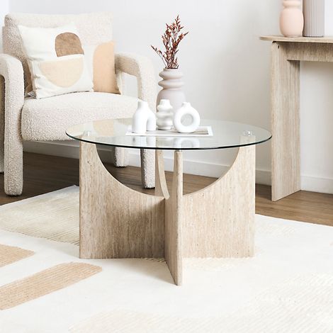 The Home Deco Factory – Table basse ronde 70 cm en verre – Base graphique moderne – Pour tous styles d'intérieur – Fonctionnelle et décorative