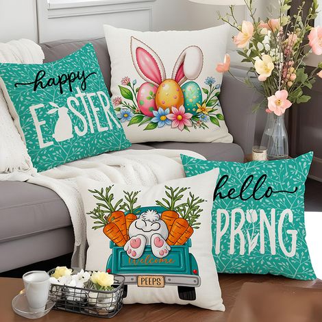 Ensemble de 4 housses de coussin décoratives de Pâques — 45 x 45 cm — Housses de coussin avec lapins et motifs roses de Pâques — Style simple — Convient aux coussins de canapé (1/4)