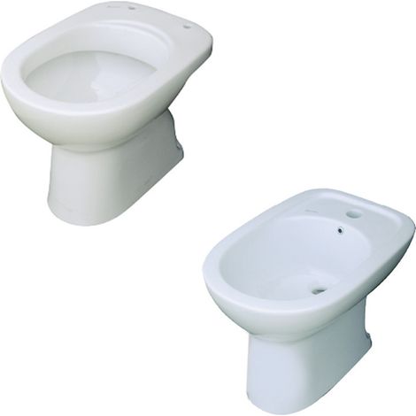 Coppia Sanitari Tradizionali - WC Scarico a Pavimento + Bidet - Installazione Distanziata dal Muro - Senza Copri WC - Ceramica (1/5)