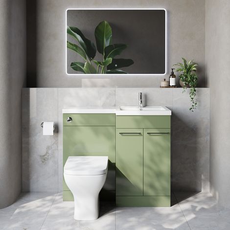 Napoli 390 Olive Green 1000mm 2 Door Vanity Unit Toilet Suite with Right Hand Square Lucia Basin - 1000mm - Chrome 160mm HandleWith Kingston Toilet Pan and Seat