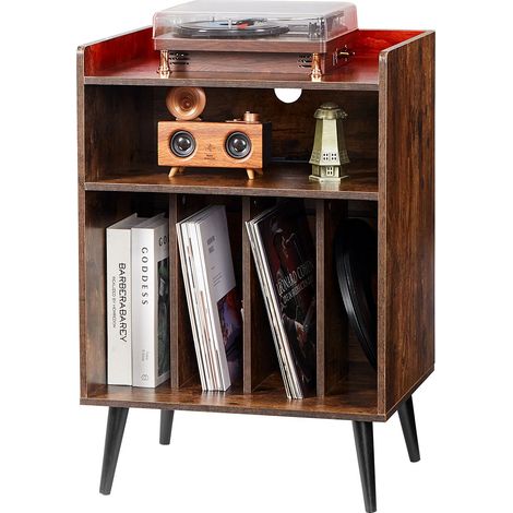 Support de platine vinyle avec LED, 3 niveaux, station de charge et ports USB, capacité 150 albums, meuble de rangement avec étagère, pour salon et chambre. (1/5)