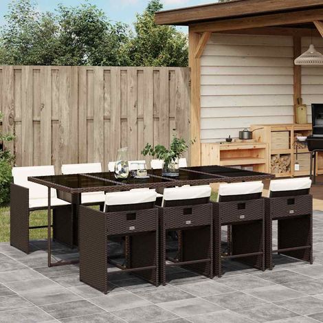 Ensemble repas jardin 9 pièces en poly rotin marron, table 220 cm, 8 chaises et coussins - PANGIVO (1/5)