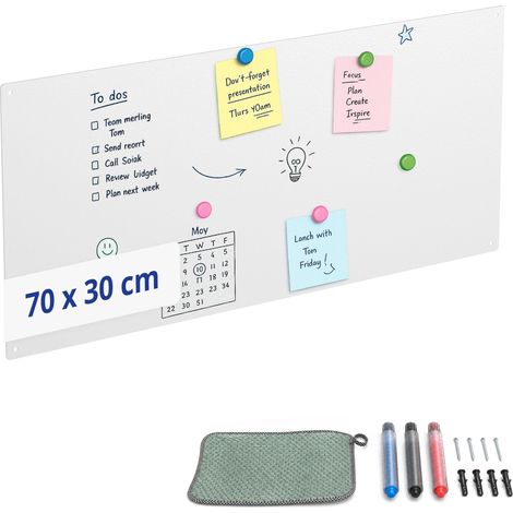 Relaxdays Magnettafel, Kreidetafel beschreibbar, Magnetwand inkl. 3 Stifte, 70x30, Memoboard Büro, Küche, Stahl, weiß (1/5)
