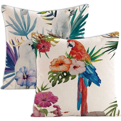Ensemble de 2 housses de coussin décoratives à motifs floraux tropicaux (fleurs, palmiers, feuilles, flamants roses, perroquets, oiseaux), format carré standard 45 x 45 cm, style aquarelle estivale. (1/5)